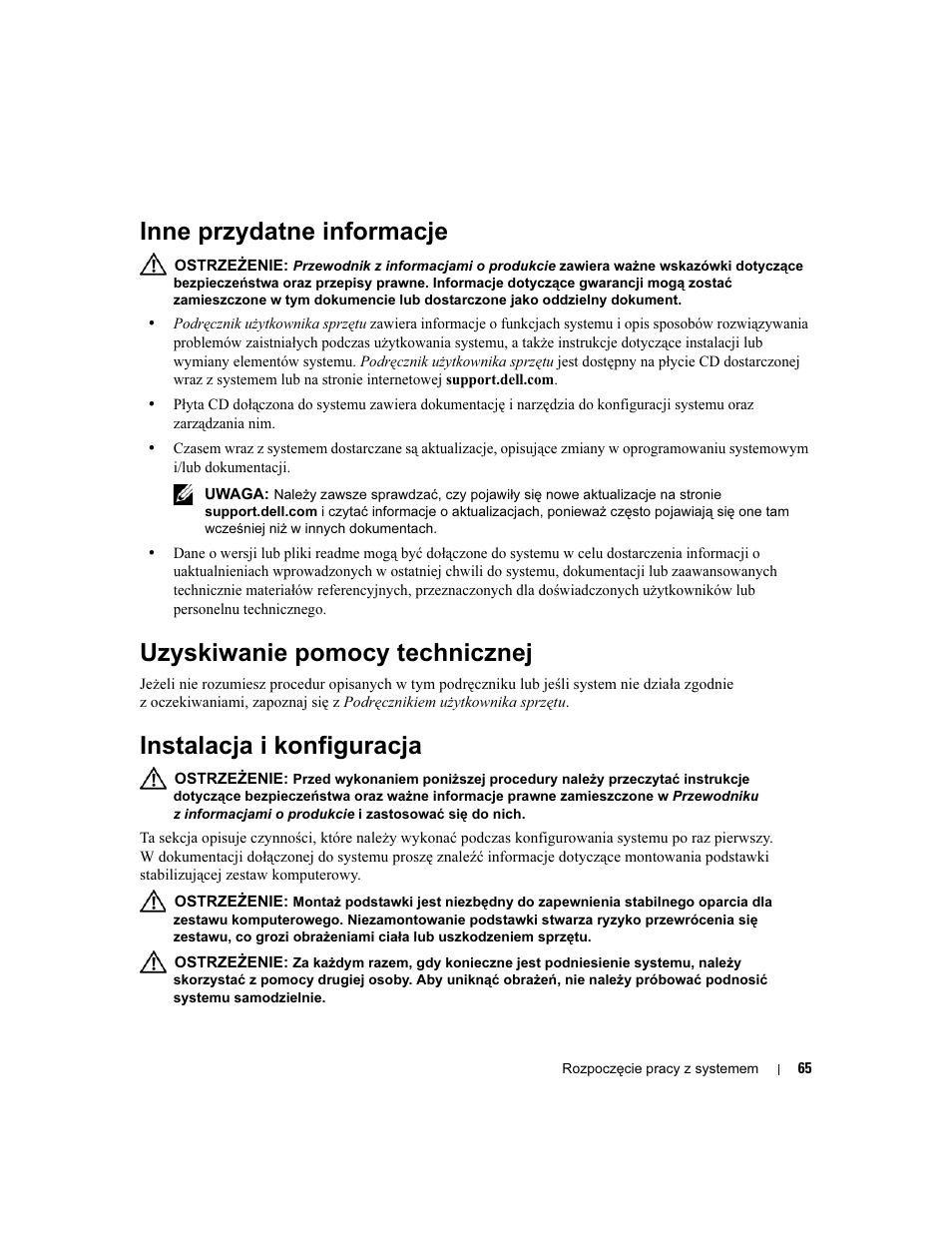 Inne przydatne informacje, Uzyskiwanie pomocy technicznej, Instalacja i konfiguracja | Dell PowerEdge 1900 User Manual | Page 67 / 110