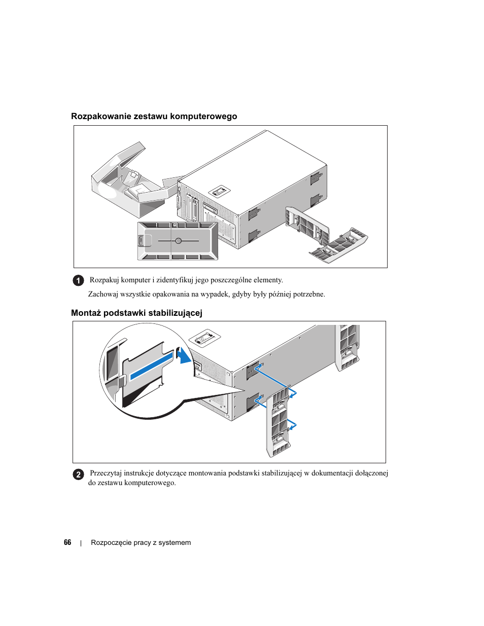 Rozpakowanie zestawu komputerowego, Montaż podstawki stabilizującej | Dell PowerEdge 1900 User Manual | Page 68 / 110