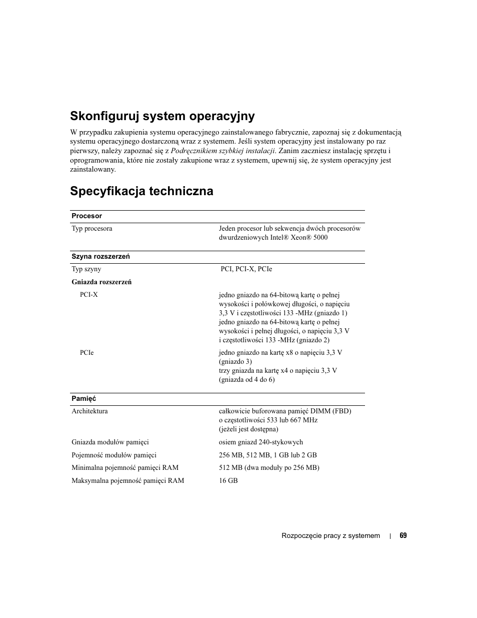 Skonfiguruj system operacyjny, Specyfikacja techniczna | Dell PowerEdge 1900 User Manual | Page 71 / 110