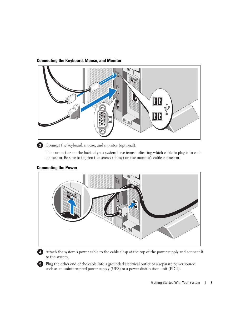 Connecting the keyboard, mouse, and monitor, Connecting the power | Dell PowerEdge 1900 User Manual | Page 9 / 110