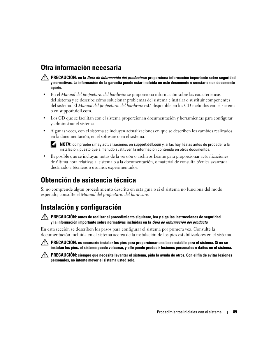 Otra información necesaria, Obtención de asistencia técnica, Instalación y configuración | Dell PowerEdge 1900 User Manual | Page 91 / 110