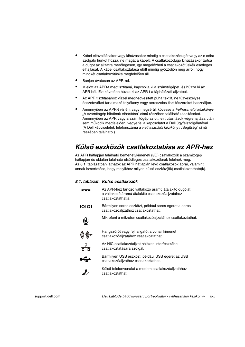 Külsõ eszközök csatlakoztatása az apr-hez, Külső eszközök csatlakoztatása az apr-hez | Dell Latitude L400 User Manual | Page 108 / 225