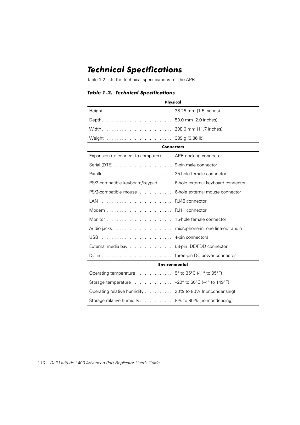 Technical specifications | Dell Latitude L400 User Manual | Page 11 / 225