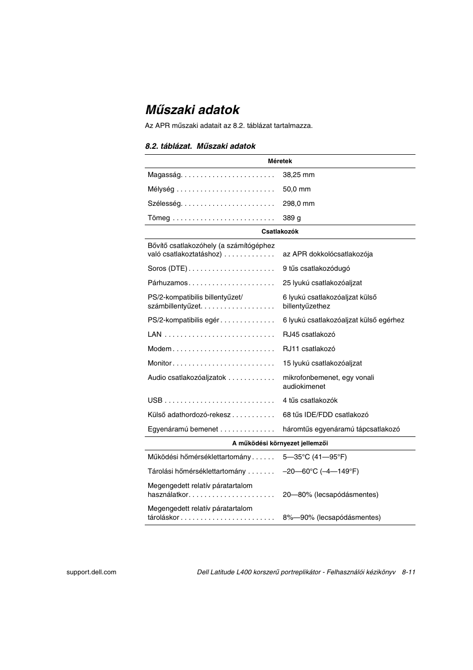 Műszaki adatok | Dell Latitude L400 User Manual | Page 114 / 225