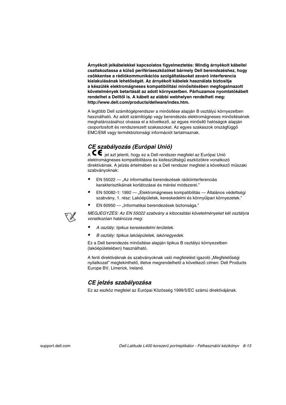 Ce szabályozás (európai unió), Ce jelzés szabályozása | Dell Latitude L400 User Manual | Page 116 / 225