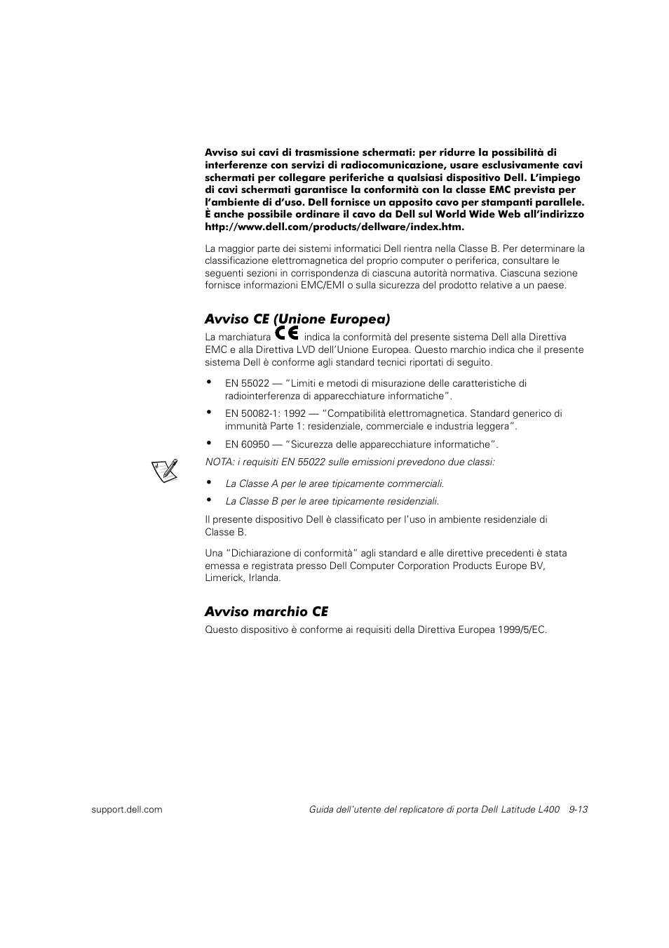 Avviso ce (unione europea), Avviso marchio ce | Dell Latitude L400 User Manual | Page 130 / 225