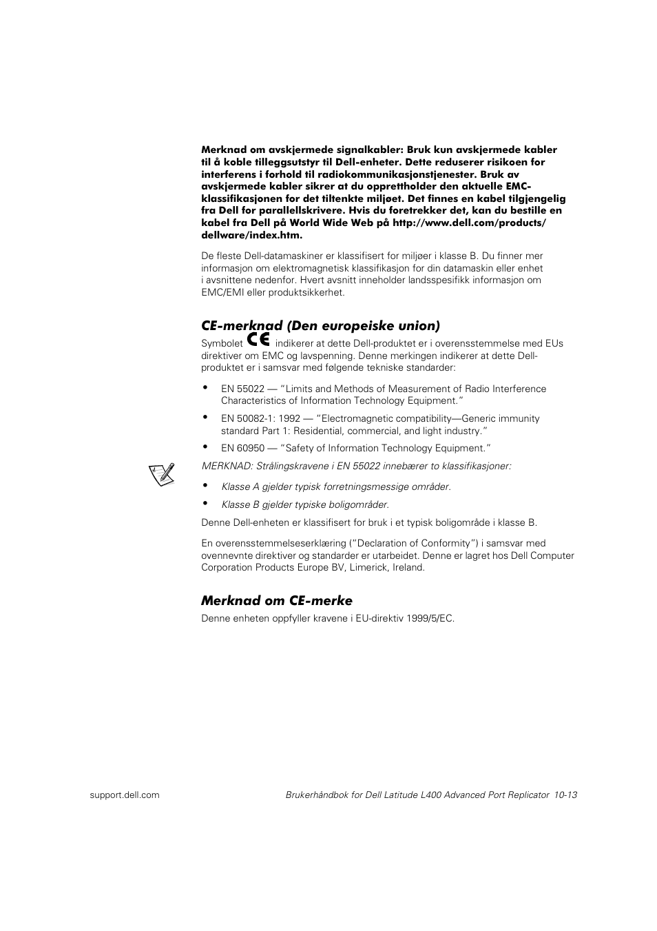 Ce-merknad (den europeiske union), Merknad om ce-merke | Dell Latitude L400 User Manual | Page 144 / 225