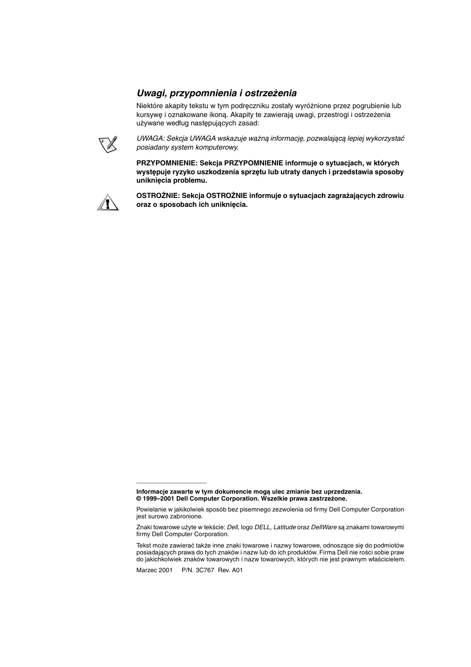 Uwagi, przypomnienia i ostrzeżenia | Dell Latitude L400 User Manual | Page 147 / 225