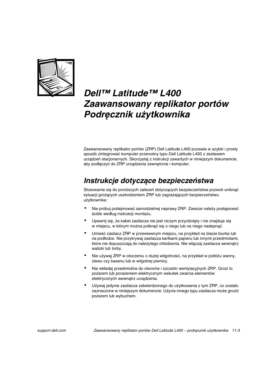 Instrukcje dotyczące bezpieczeństwa | Dell Latitude L400 User Manual | Page 148 / 225