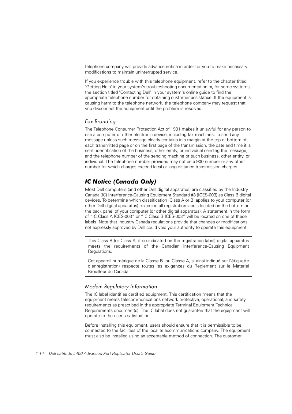 Ic notice (canada only) | Dell Latitude L400 User Manual | Page 15 / 225