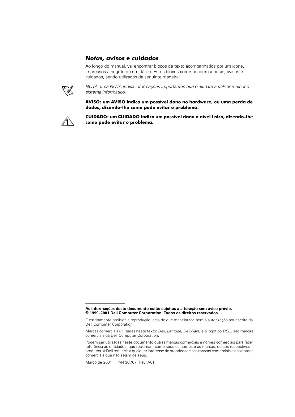 Notas, avisos e cuidados | Dell Latitude L400 User Manual | Page 161 / 225