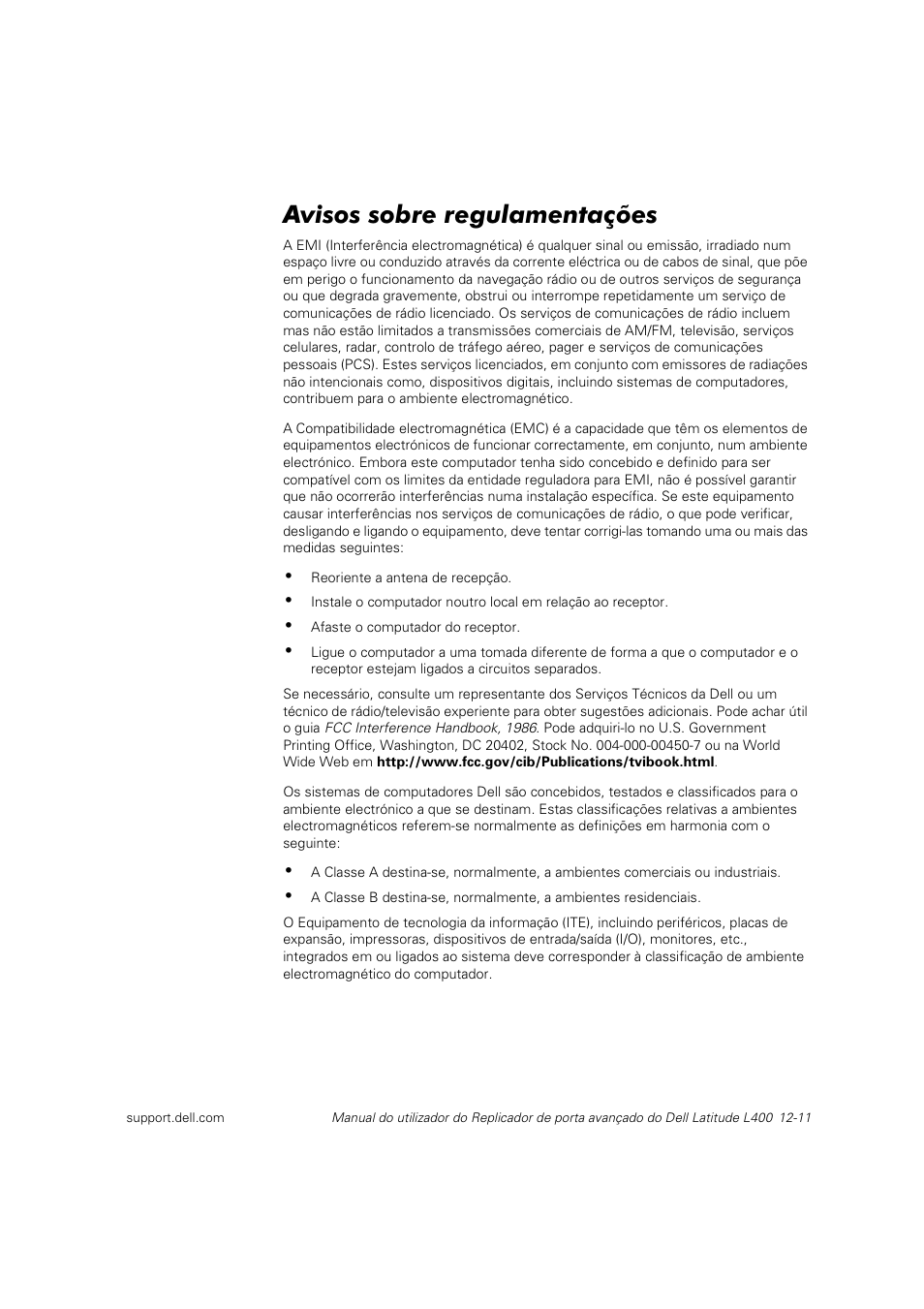 Avisos sobre regulamentações | Dell Latitude L400 User Manual | Page 170 / 225
