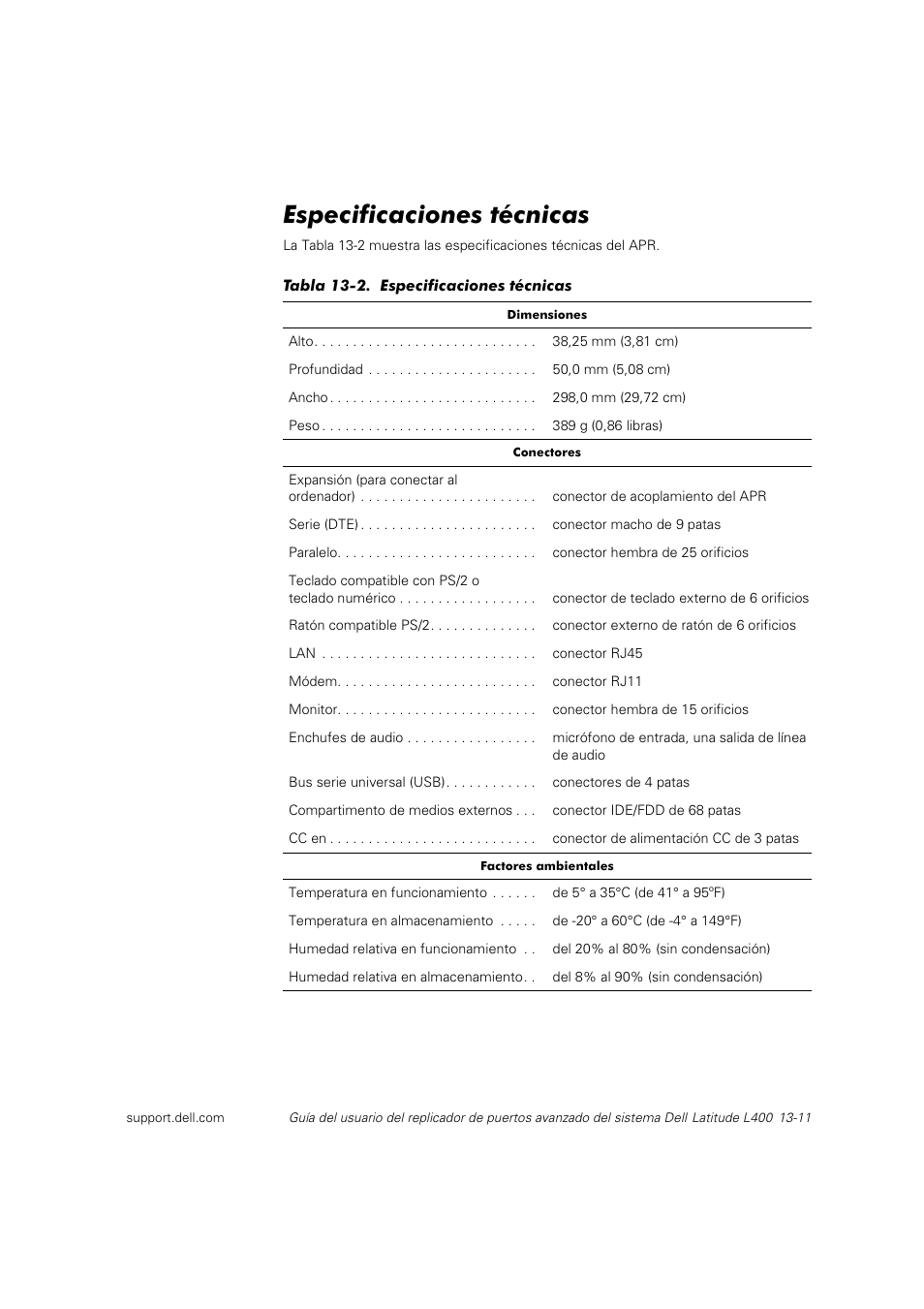 Especificaciones técnicas | Dell Latitude L400 User Manual | Page 182 / 225