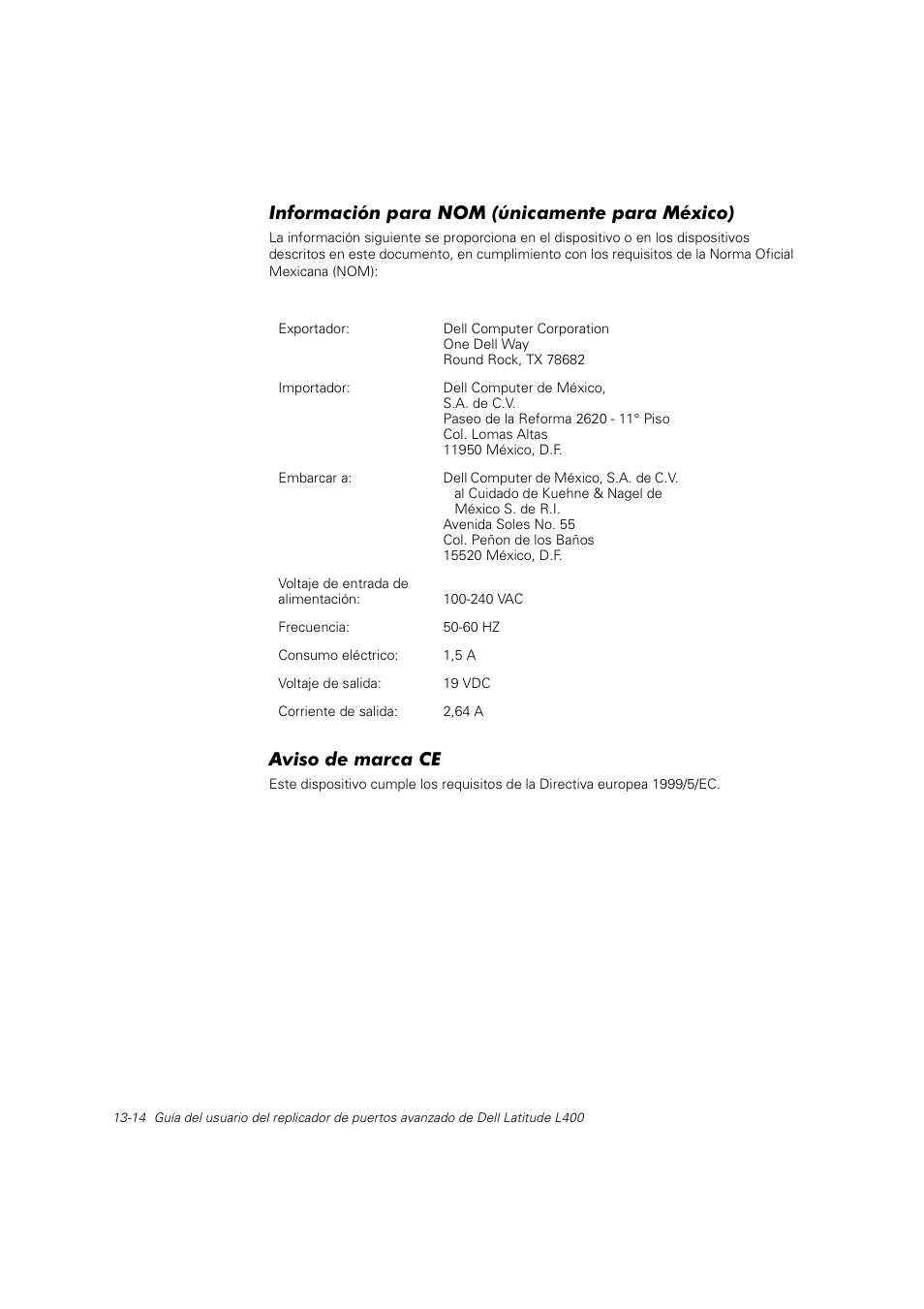 Información para nom (únicamente para méxico), Aviso de marca ce | Dell Latitude L400 User Manual | Page 185 / 225