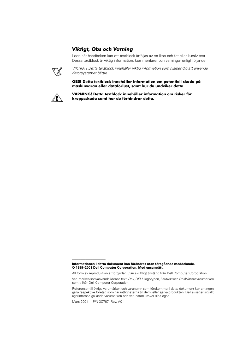 Viktigt, obs och varning | Dell Latitude L400 User Manual | Page 187 / 225