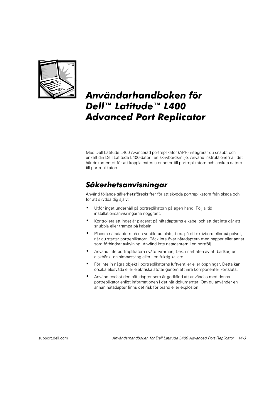 Säkerhetsanvisningar | Dell Latitude L400 User Manual | Page 188 / 225