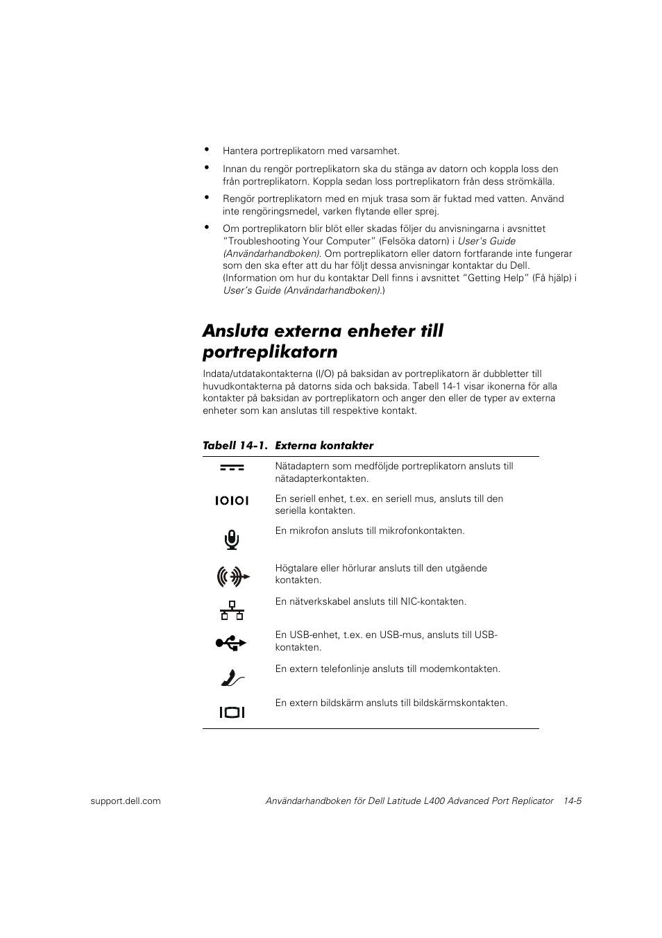 Ansluta externa enheter till portreplikatorn | Dell Latitude L400 User Manual | Page 190 / 225