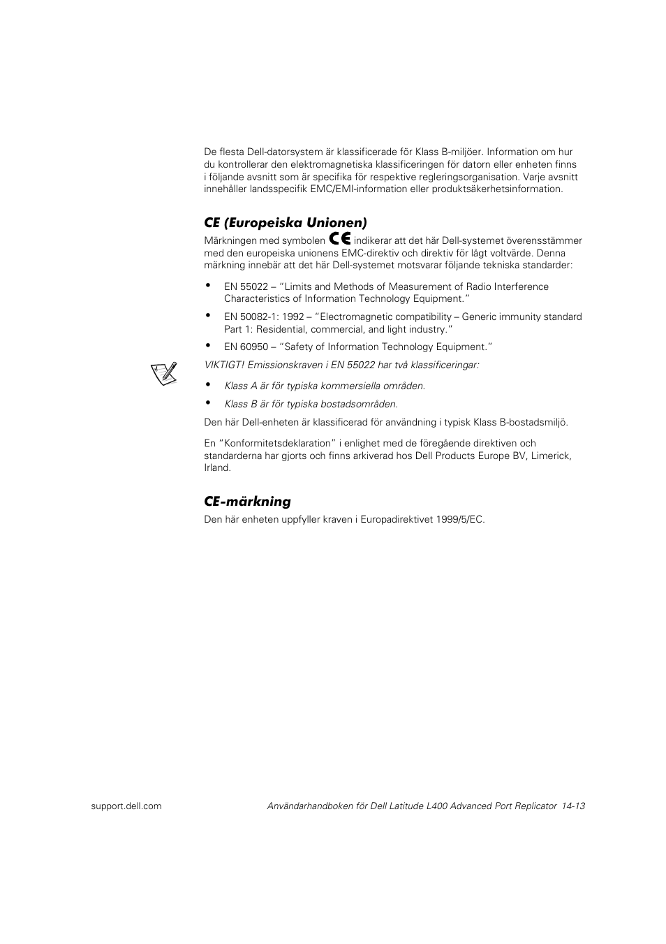 Ce (europeiska unionen), Ce-märkning | Dell Latitude L400 User Manual | Page 198 / 225