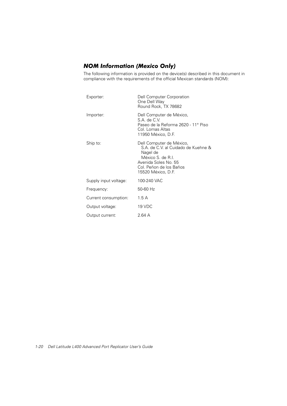 Nom information (mexico only) | Dell Latitude L400 User Manual | Page 21 / 225