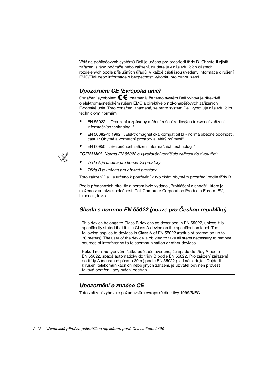 Upozornění ce (evropská unie) | Dell Latitude L400 User Manual | Page 37 / 225