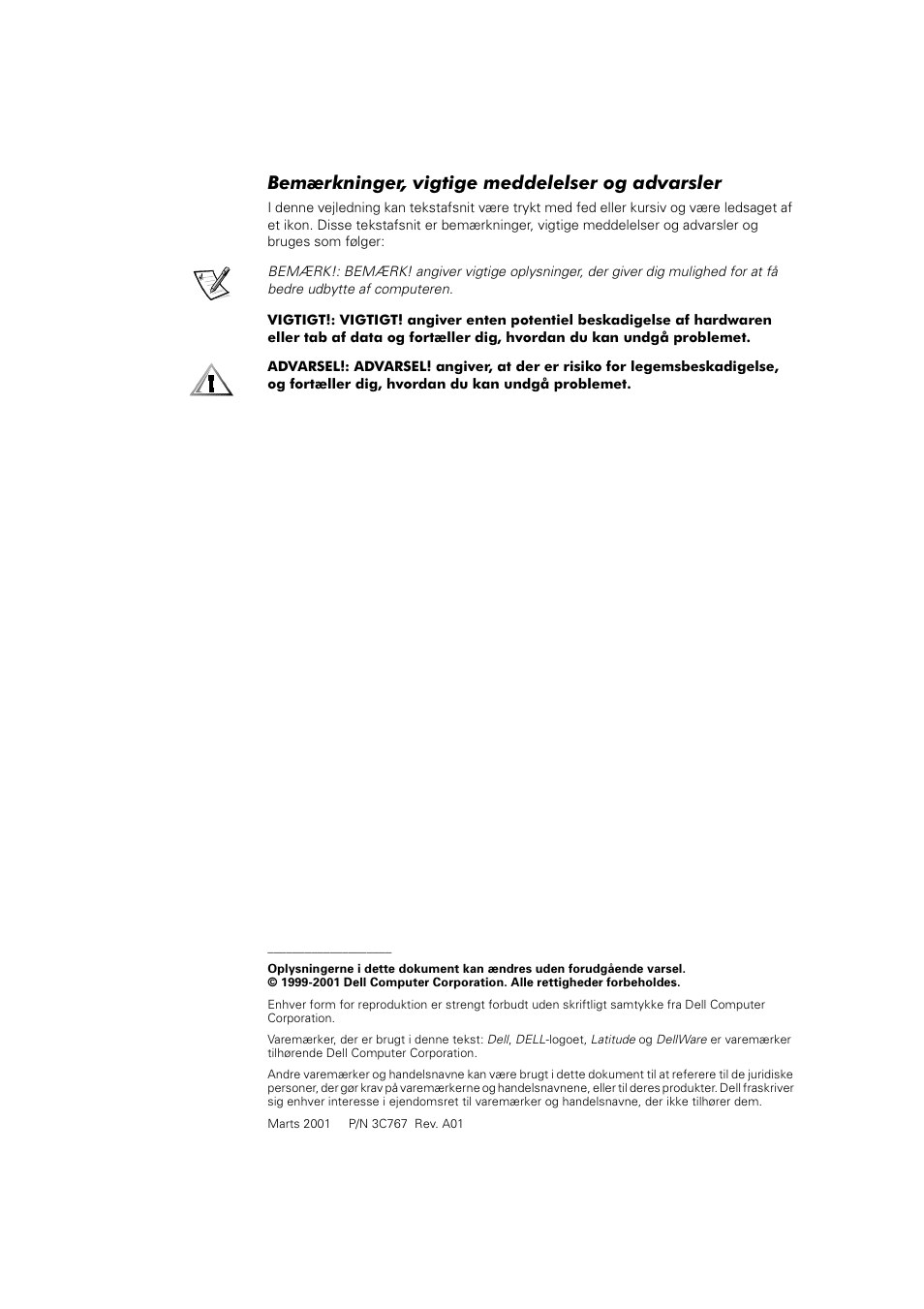 Bemærkninger, vigtige meddelelser og advarsler | Dell Latitude L400 User Manual | Page 39 / 225