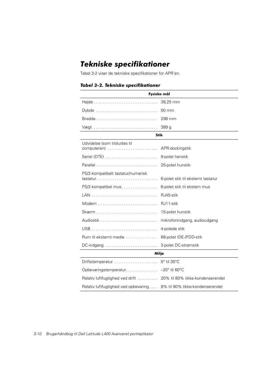 Tekniske specifikationer | Dell Latitude L400 User Manual | Page 47 / 225