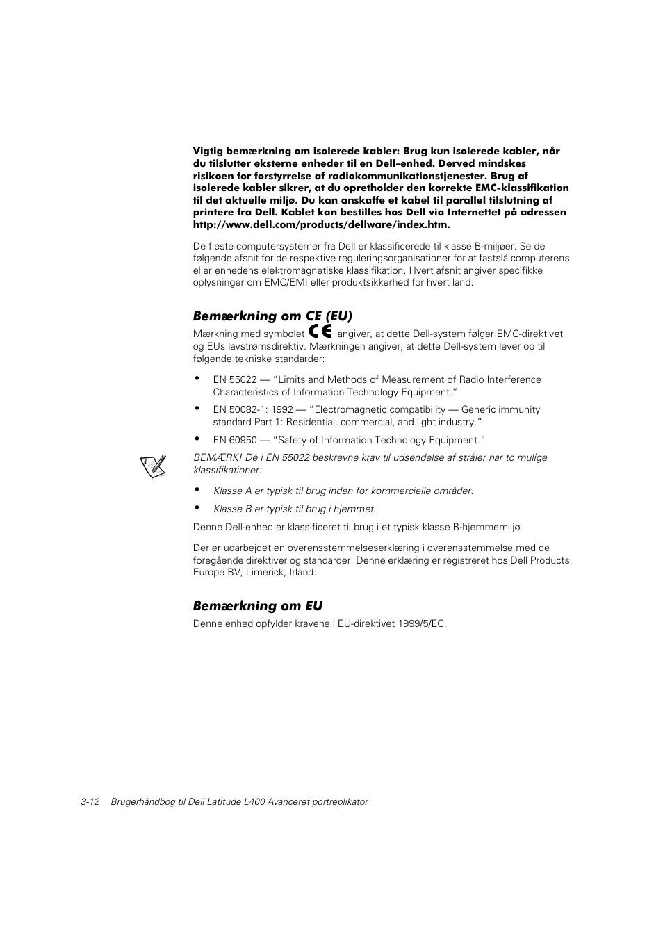 Bemærkning om ce (eu), Bemærkning om eu | Dell Latitude L400 User Manual | Page 49 / 225