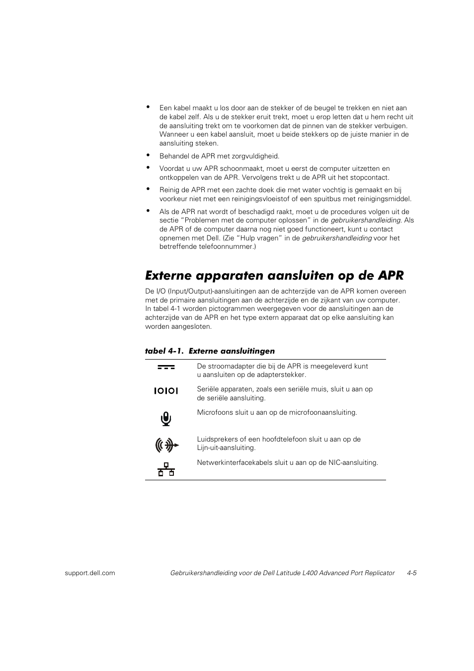 Externe apparaten aansluiten op de apr | Dell Latitude L400 User Manual | Page 54 / 225