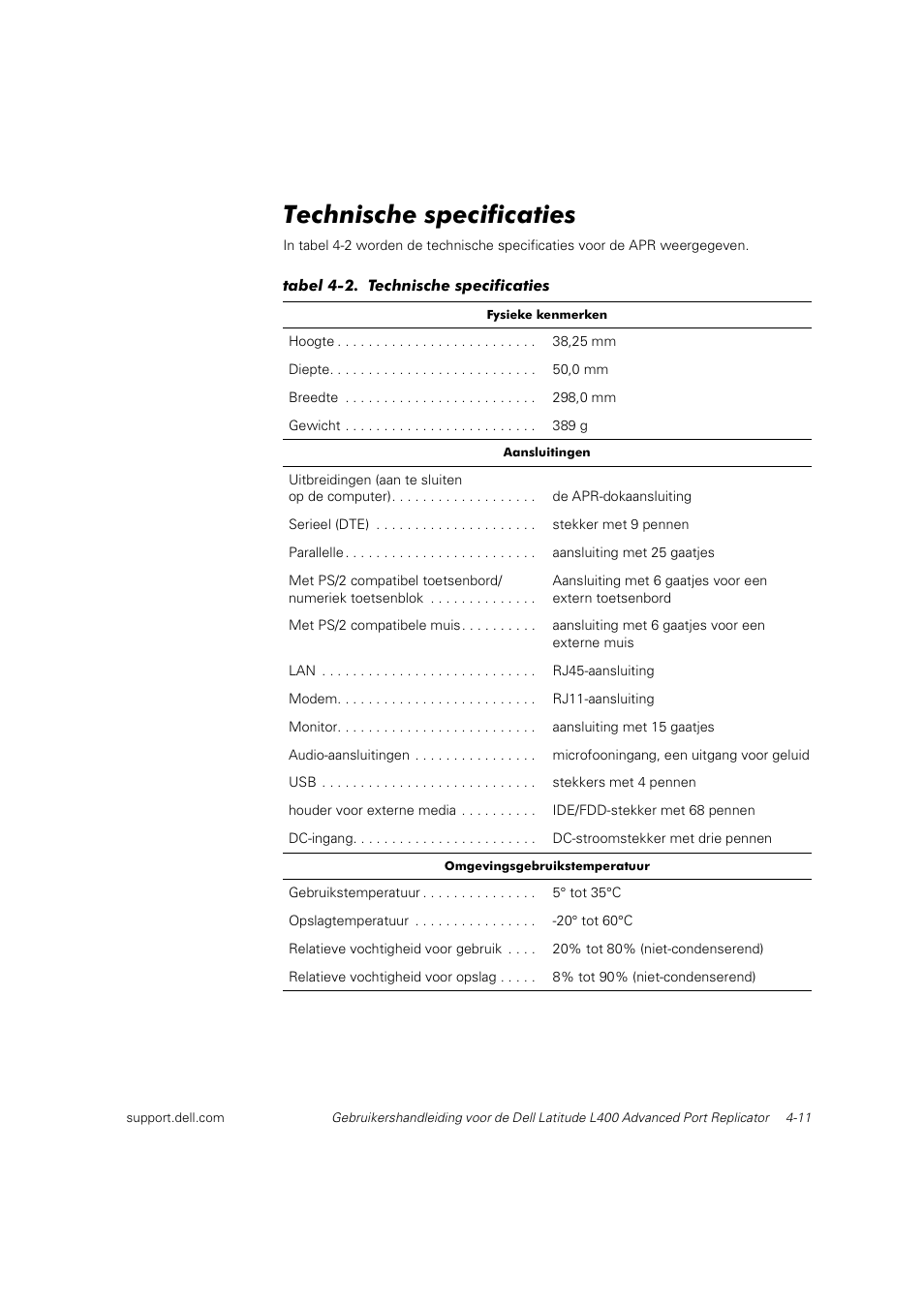 Technische specificaties | Dell Latitude L400 User Manual | Page 60 / 225