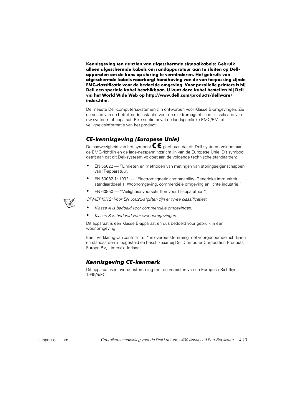 Ce-kennisgeving (europese unie), Kennisgeving ce-kenmerk | Dell Latitude L400 User Manual | Page 62 / 225