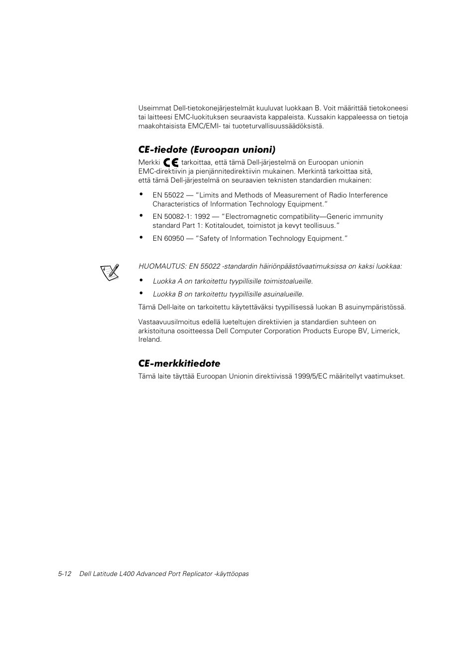 Ce-tiedote (euroopan unioni), Ce-merkkitiedote | Dell Latitude L400 User Manual | Page 75 / 225