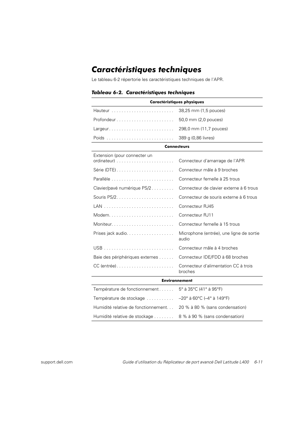 Caractéristiques techniques | Dell Latitude L400 User Manual | Page 86 / 225