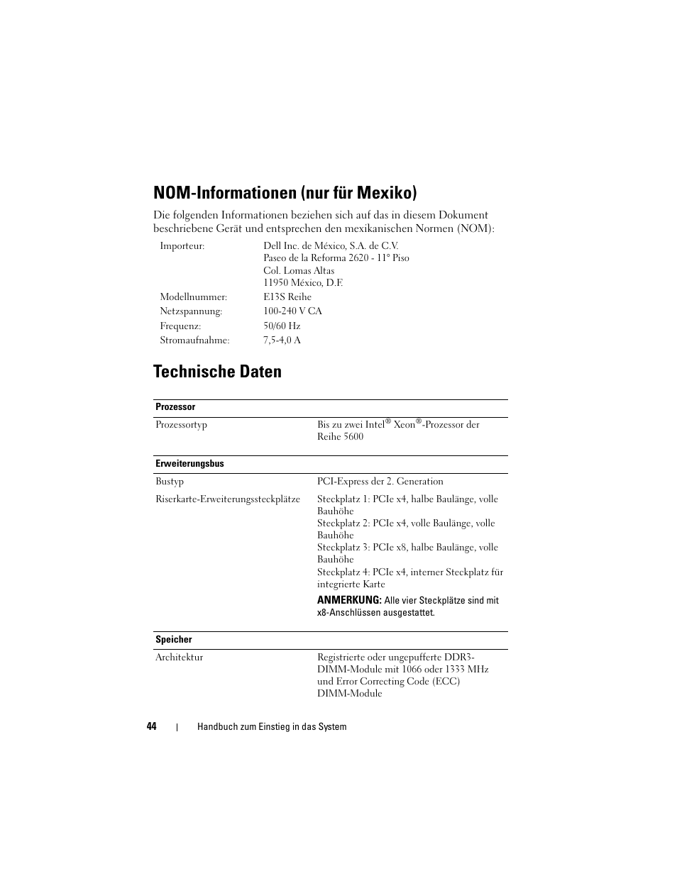 Nom-informationen (nur für mexiko), Technische daten | Dell PowerVault DL2200 CommVault User Manual | Page 46 / 124