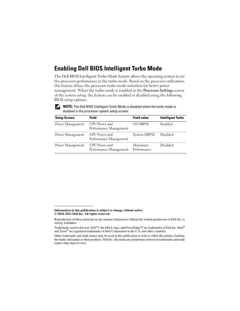 Enabling dell bios intelligent turbo mode | Dell POWEREDGE R710 User Manual | Page 5 / 38