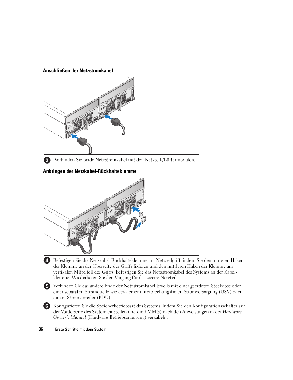 Anschließen der netzstromkabel, Anbringen der netzkabel-rückhalteklemme | Dell POWERVAULT MD1000 User Manual | Page 38 / 102