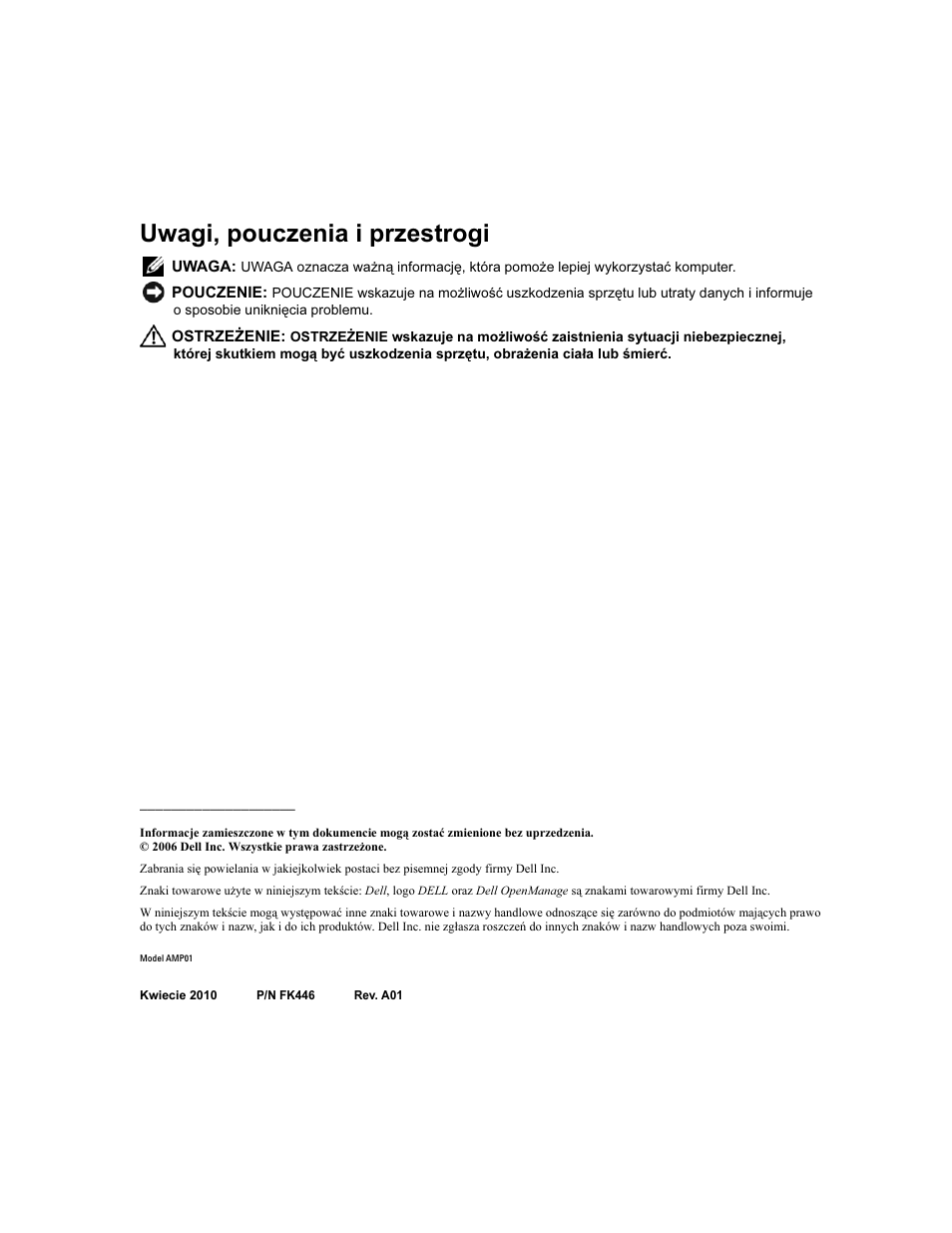 Uwagi, pouczenia i przestrogi | Dell POWERVAULT MD1000 User Manual | Page 54 / 102