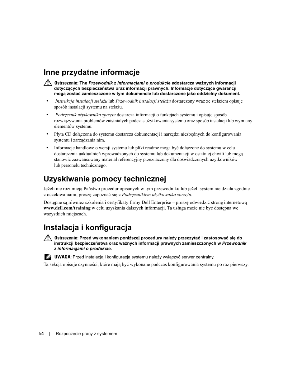 Inne przydatne informacje, Uzyskiwanie pomocy technicznej, Instalacja i konfiguracja | Dell POWERVAULT MD1000 User Manual | Page 56 / 102