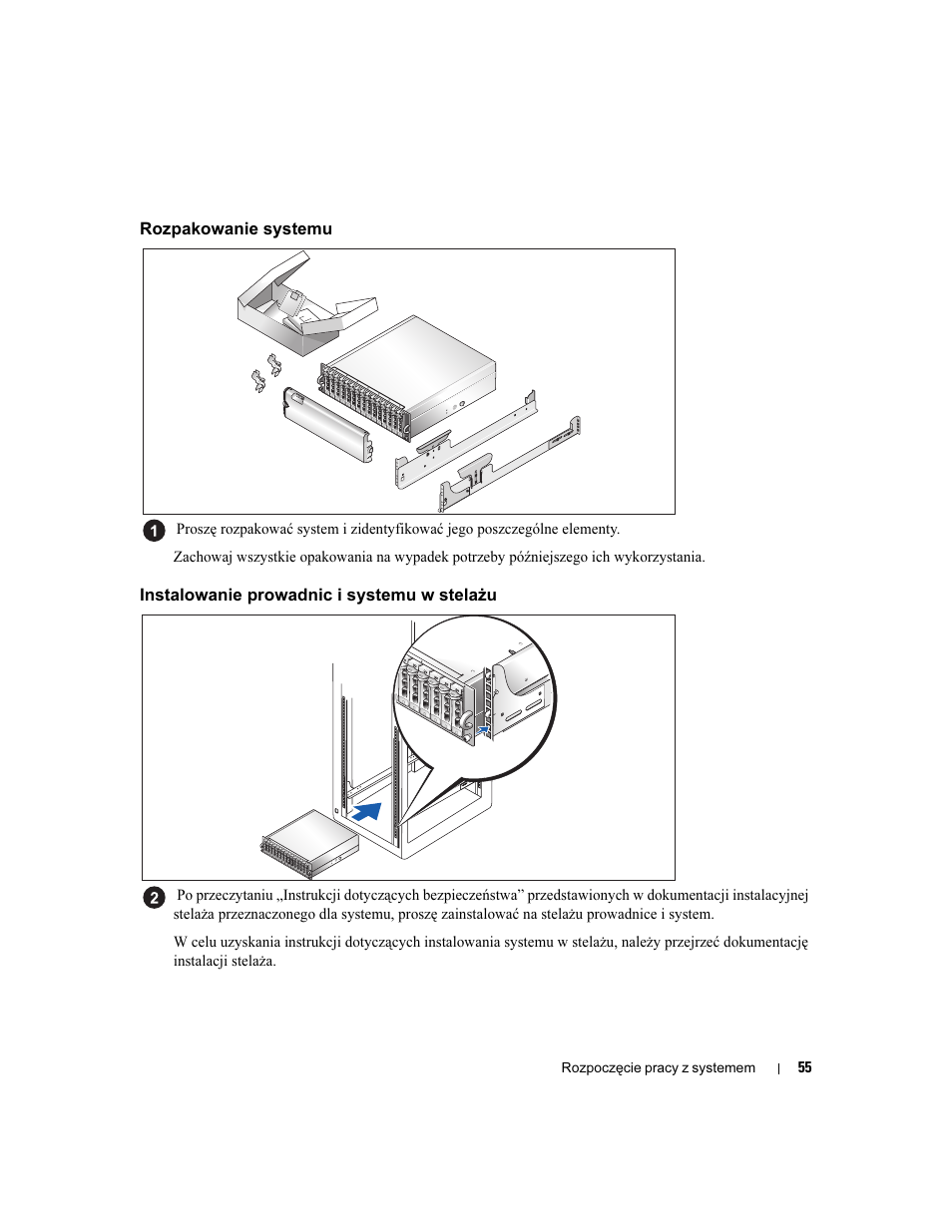 Rozpakowanie systemu, Instalowanie prowadnic i systemu w stelażu | Dell POWERVAULT MD1000 User Manual | Page 57 / 102