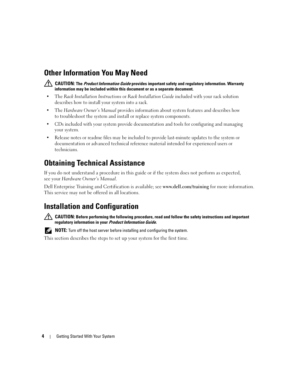 Other information you may need, Obtaining technical assistance, Installation and configuration | Dell POWERVAULT MD1000 User Manual | Page 6 / 102
