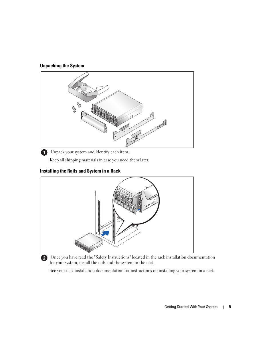 Unpacking the system, Installing the rails and system in a rack | Dell POWERVAULT MD1000 User Manual | Page 7 / 102