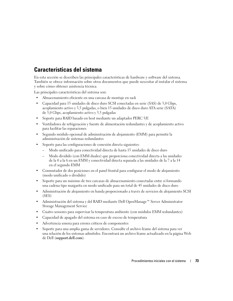 Características del sistema | Dell POWERVAULT MD1000 User Manual | Page 75 / 102