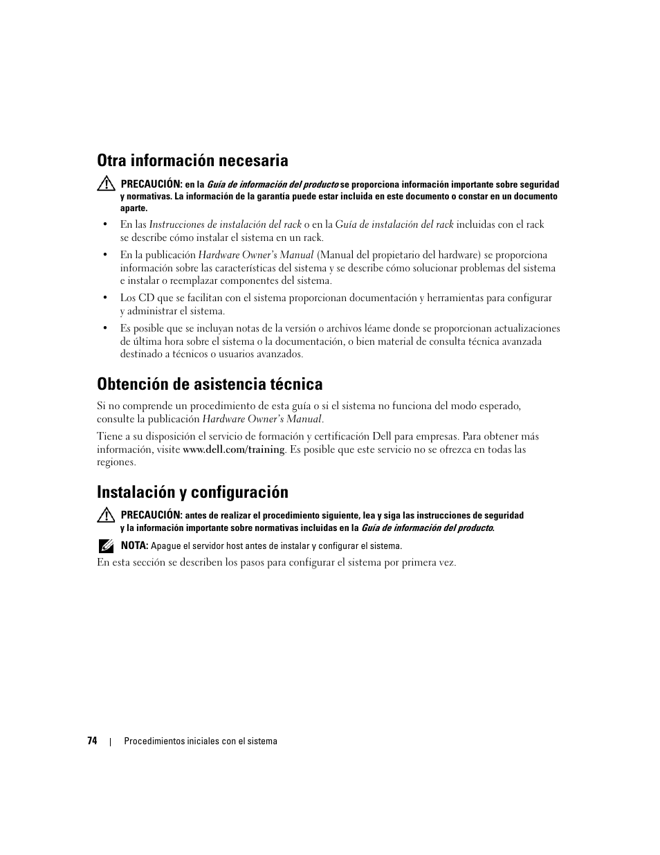 Otra información necesaria, Obtención de asistencia técnica, Instalación y configuración | Dell POWERVAULT MD1000 User Manual | Page 76 / 102
