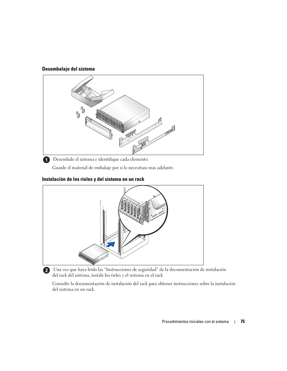 Desembalaje del sistema, Instalación de los rieles y del sistema en un rack | Dell POWERVAULT MD1000 User Manual | Page 77 / 102