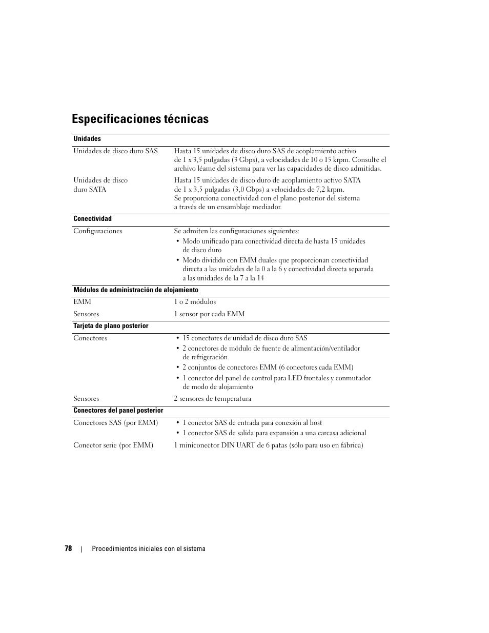 Especificaciones técnicas | Dell POWERVAULT MD1000 User Manual | Page 80 / 102