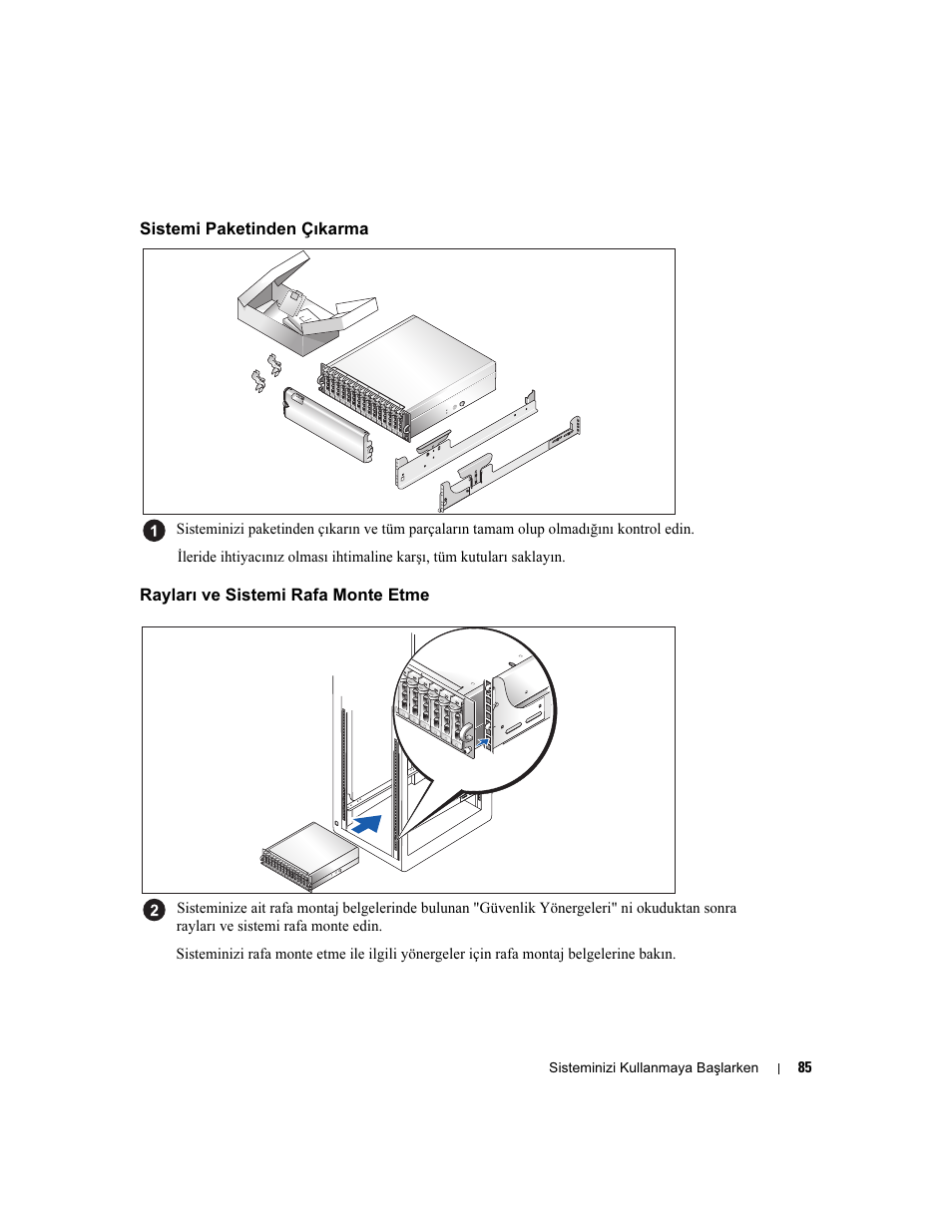 Sistemi paketinden çıkarma, Rayları ve sistemi rafa monte etme | Dell POWERVAULT MD1000 User Manual | Page 87 / 102