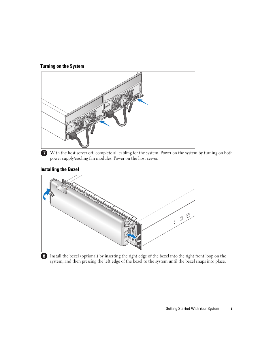 Turning on the system, Installing the bezel | Dell POWERVAULT MD1000 User Manual | Page 9 / 102