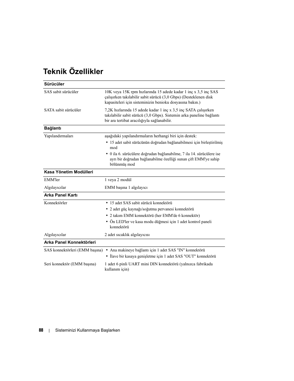 Teknik özellikler | Dell POWERVAULT MD1000 User Manual | Page 90 / 102