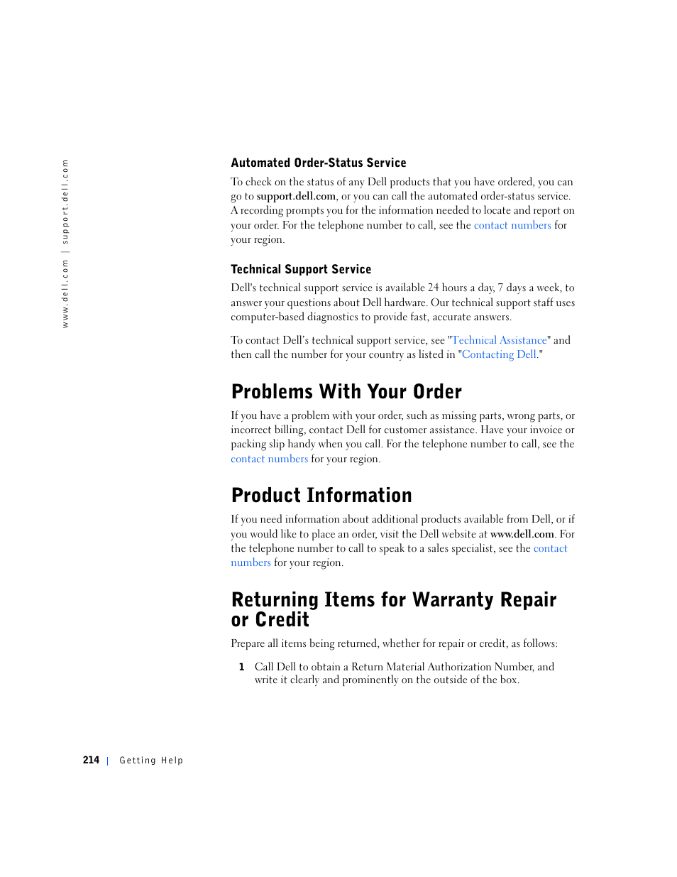 Problems with your order, Product information, Returning items for warranty repair or credit | Dell OptiPlex GX240 User Manual | Page 216 / 298