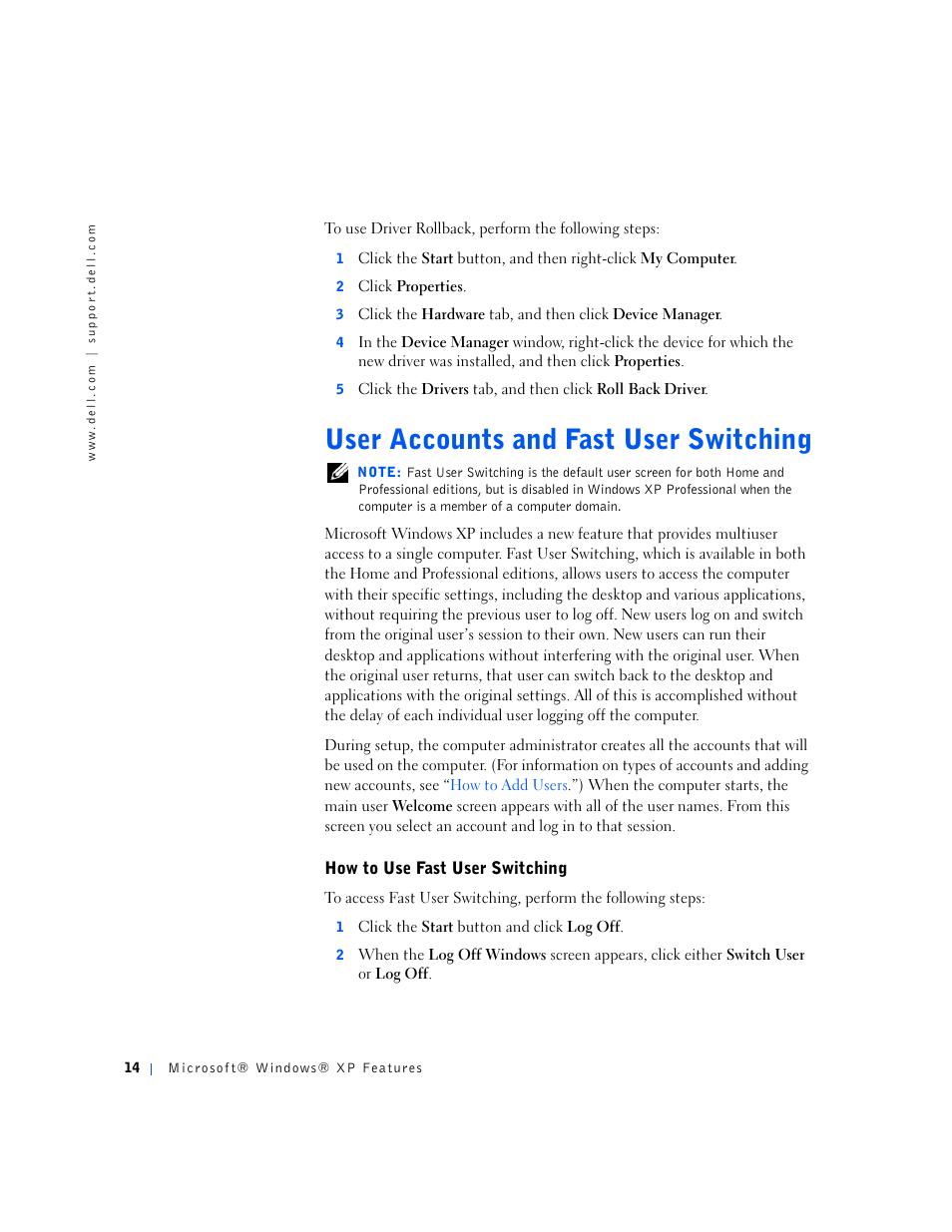 User accounts and fast user switching | Dell OptiPlex GX240 User Manual | Page 266 / 298