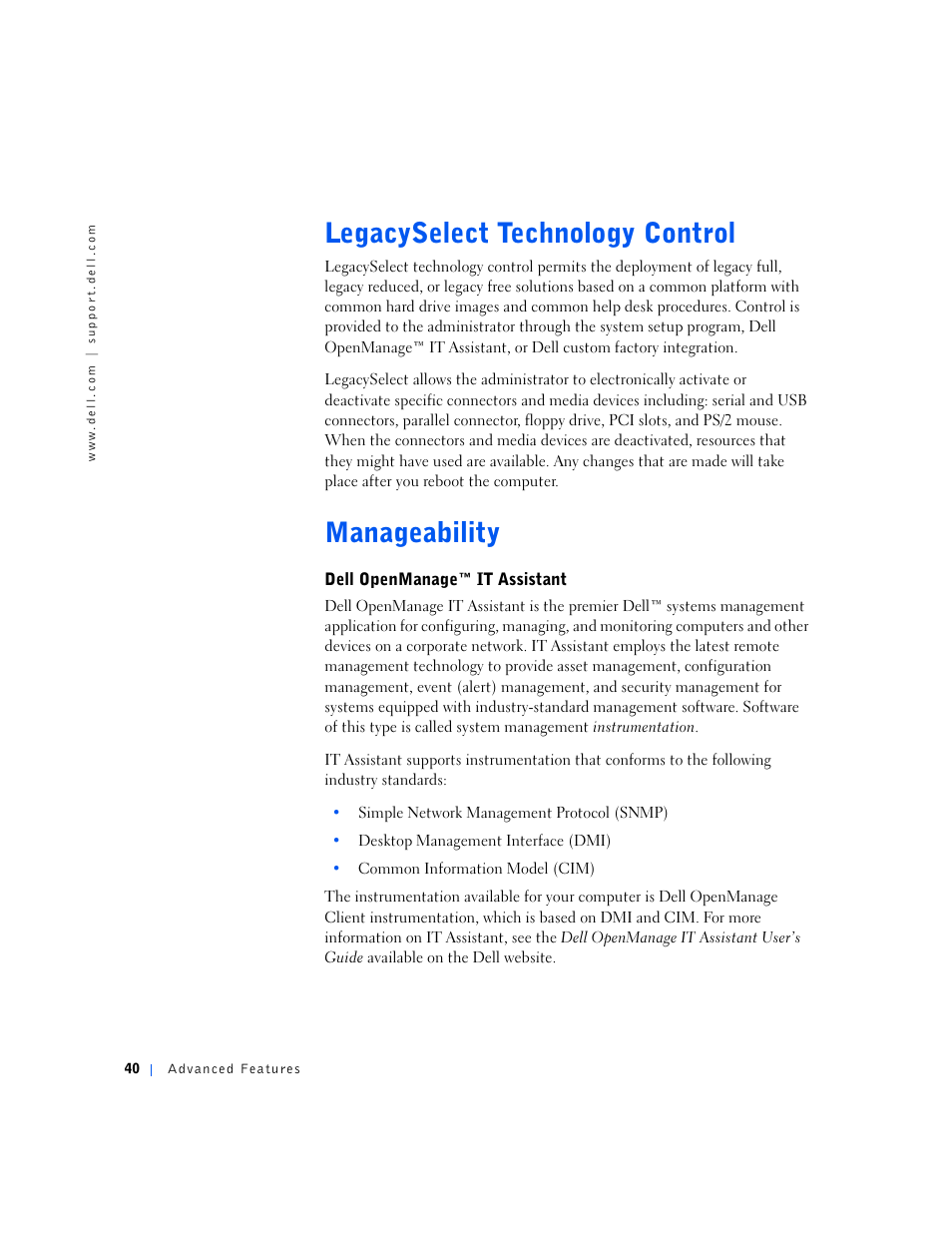 Legacyselect technology control, Manageability | Dell OptiPlex GX240 User Manual | Page 42 / 298